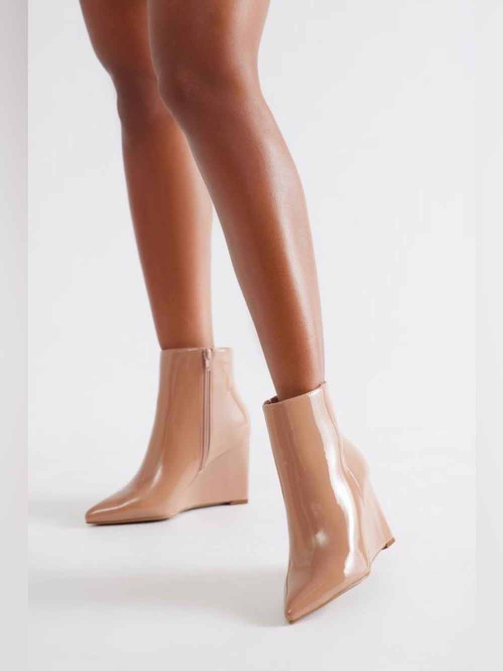 Nude Patent Leather Wedge Ankle Booties